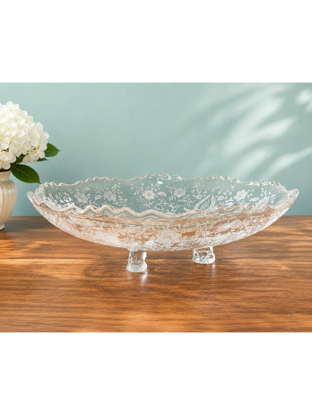 New Martinsville 1930s Footed Console Bowl Prelude Etched Crystal, 9.5x3"
